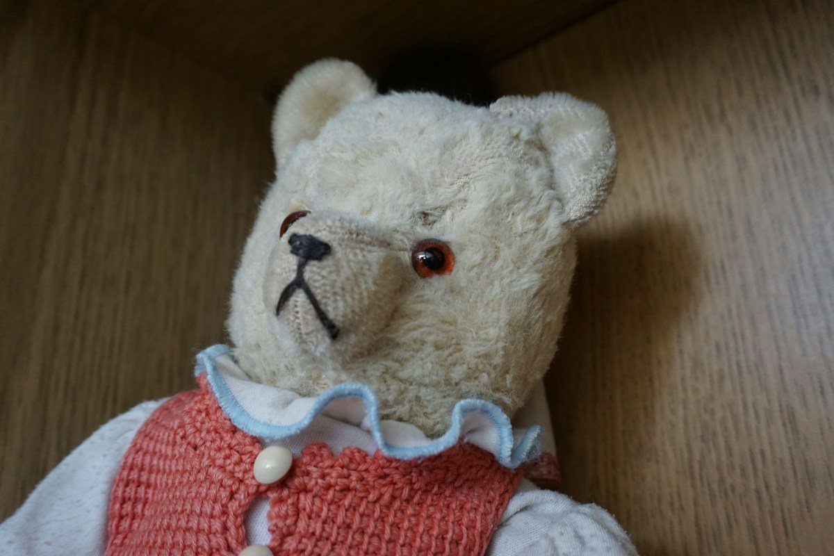 Alter Teddybär mit roter Strickweste